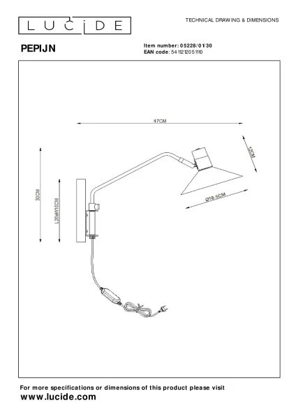 Lucide PEPIJN - Wandlamp - 1xE14 - Zwart - technisch